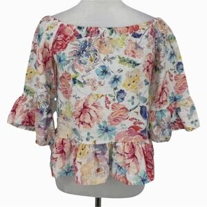 Idillio Positano Linen Floral Peplum Blouse Small Multicolor Romantic Cottage